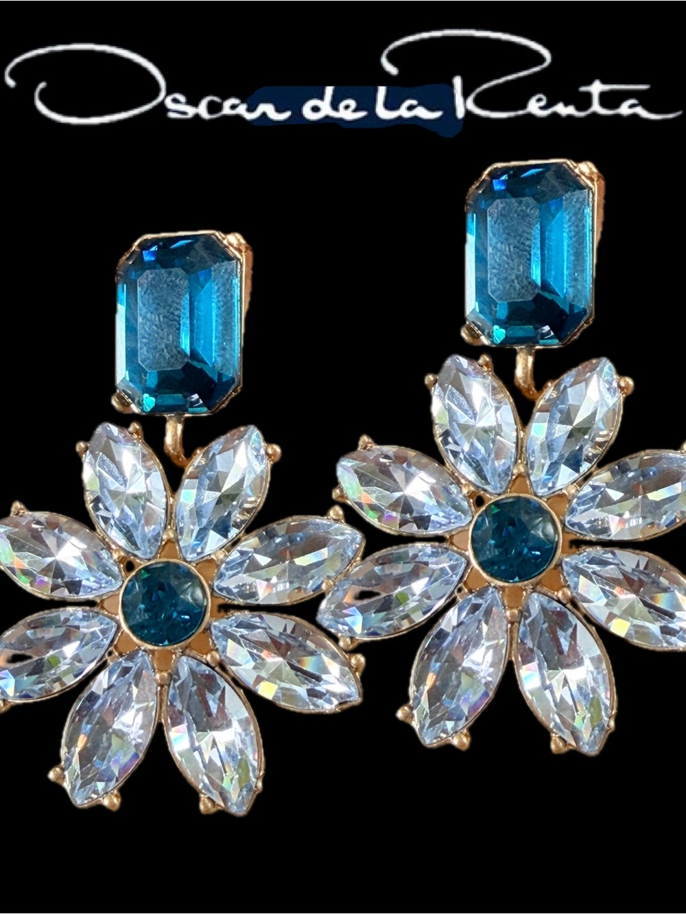 Oscar de la Renta Earrings - Sparkling Blue Floral Crystal Dangle Drop✨Post✨